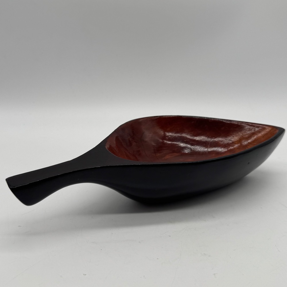 Vintage Mid Century Two Tone Monkey Pod Wood Leaf Scoop Bowl Hand Carved Dish